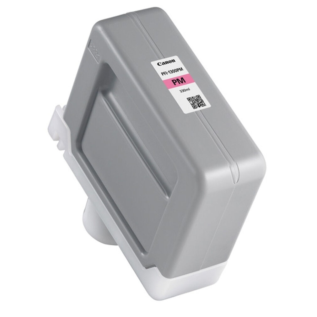 Een Canon inktcartridge, grijs met een roze label. Witte standaard. De cartridge is rechthoekig.