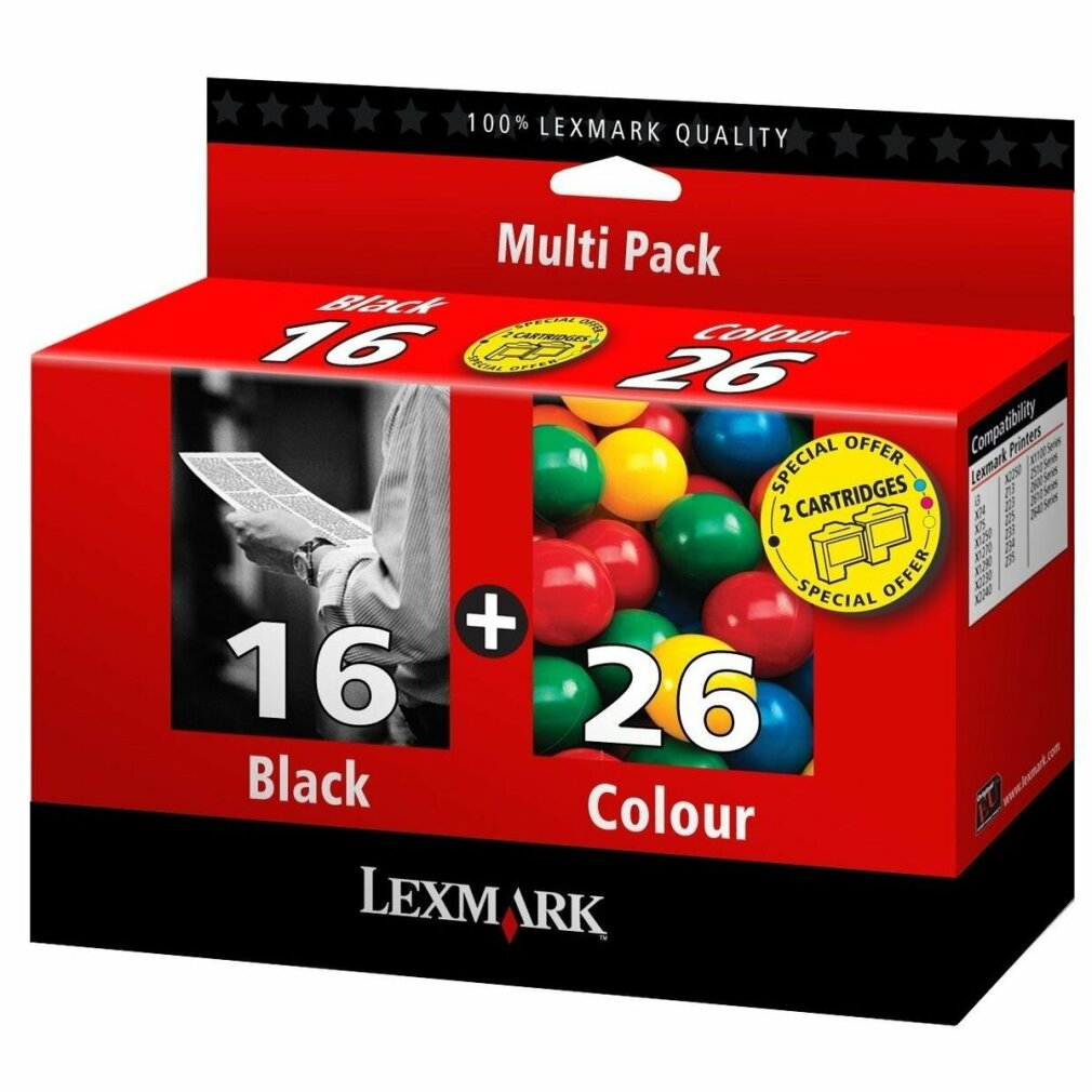 Scatola Lexmark Multi Pack, rossa con cartucce nere e a colori. Include cartucce nere e a colori.