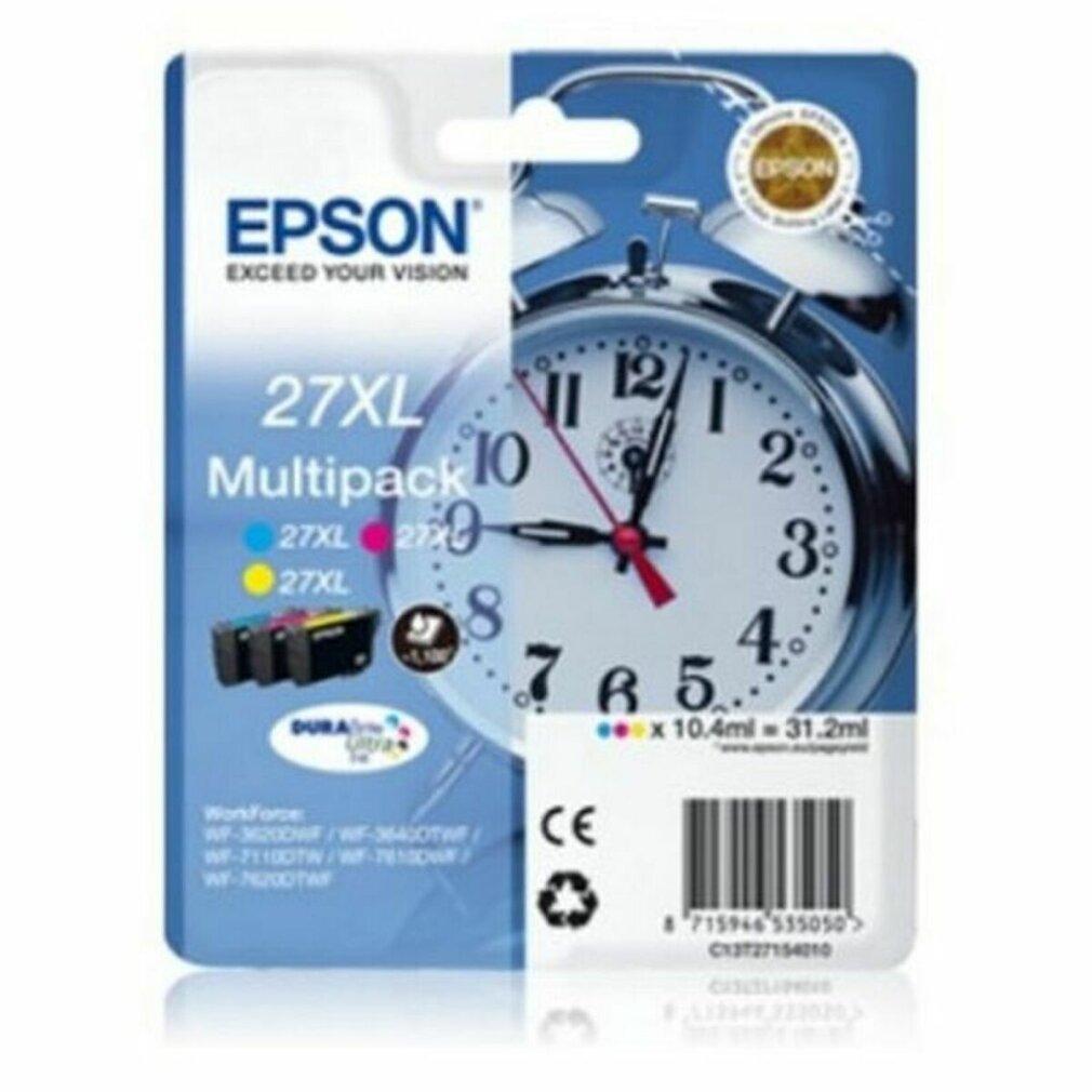 Epson 27XL multipack with three ink cartridges and an image of a clock on the package.