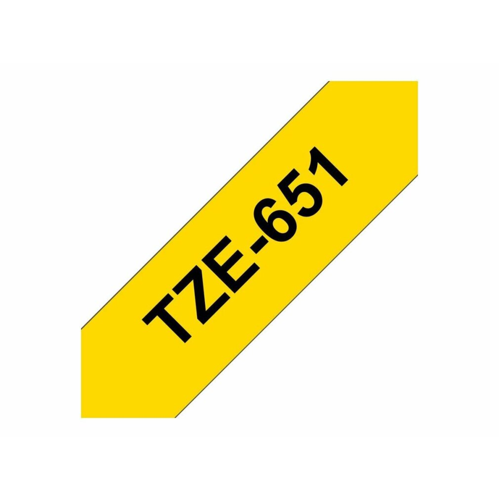 Gelbes Brother-Etikettenband mit schwarzem Text TZE-651 auf weißem Hintergrund. Diagonales und isoliertes Etikett.