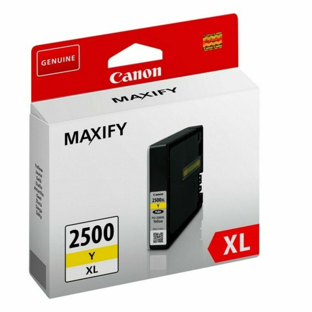 Cartuccia Canon MAXIFY 2500Y XL. Cartuccia di inchiostro giallo in una scatola, sfondo bianco.