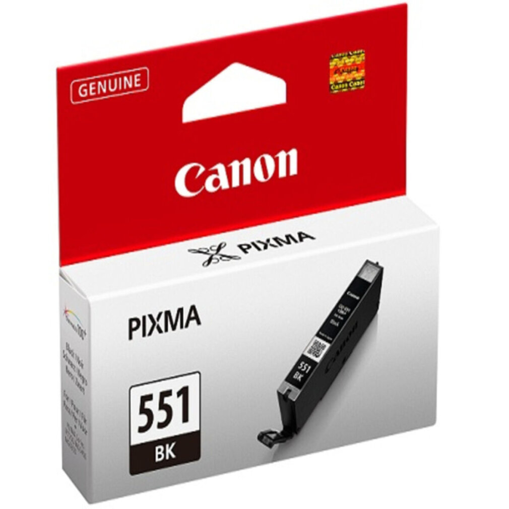 Een Canon inktcartridge verpakking. Zwarte inktcartridge met een rood en witte doos.