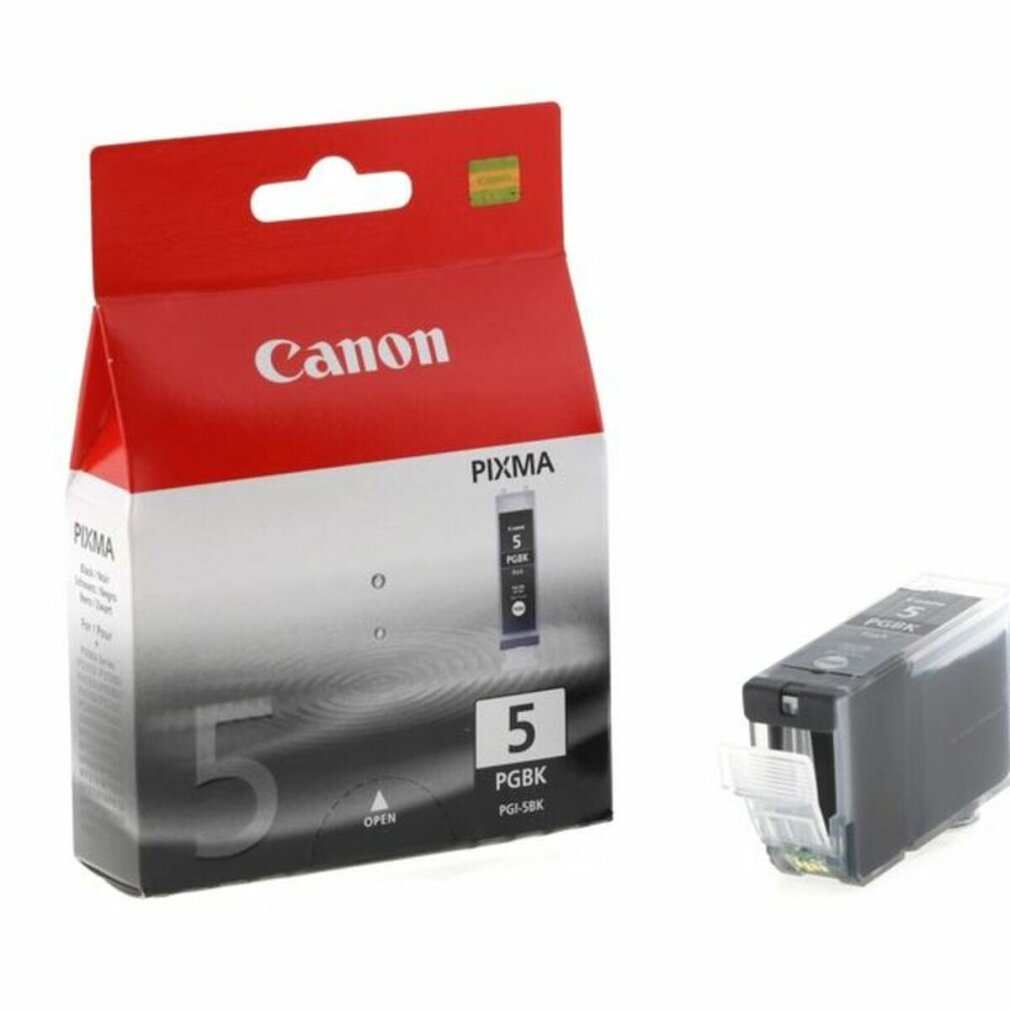 Canon PGI-5 PGBK ink cartridge. Black ink cartridge and box, white background.