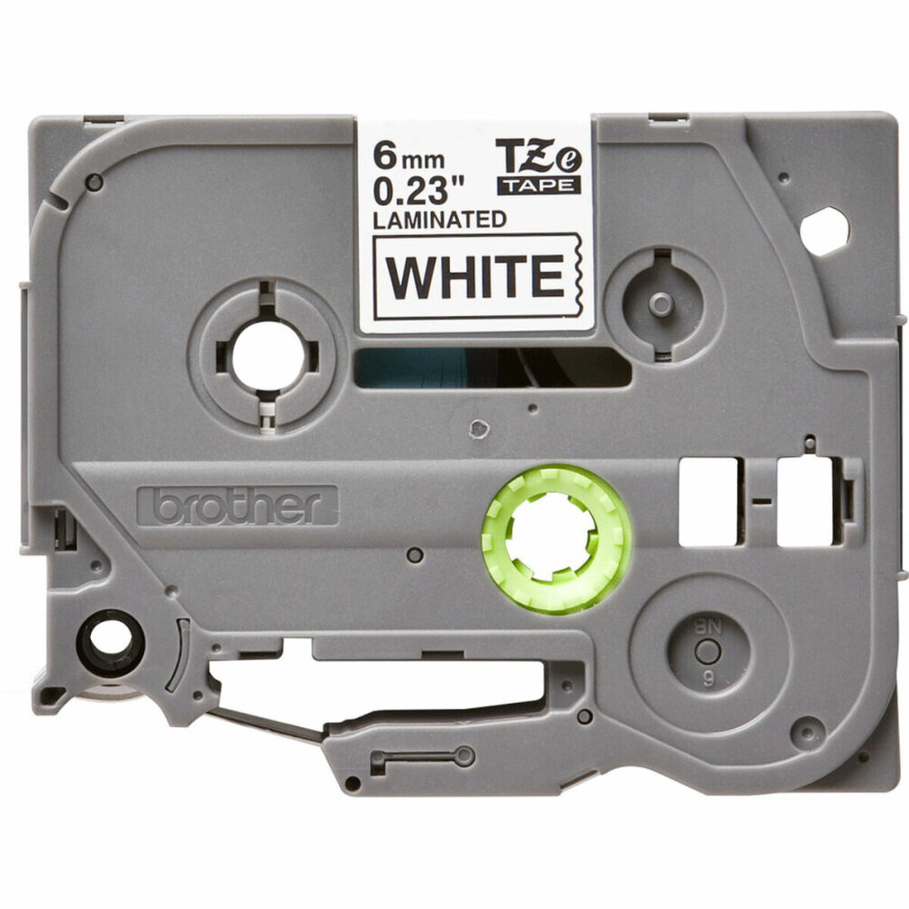 Graue Brother-Etikettbandkassette mit weißem Text. Es steht 'WHITE' und '6mm 0.23"'.