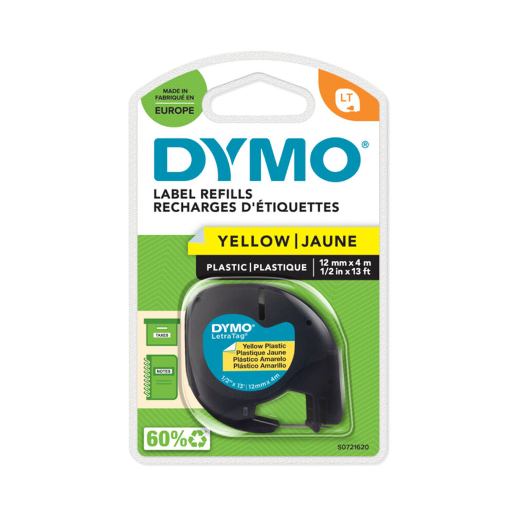 Recambios de etiquetas Dymo. Paquete verde y blanco con cartucho de cinta de etiquetas amarilla en el interior.