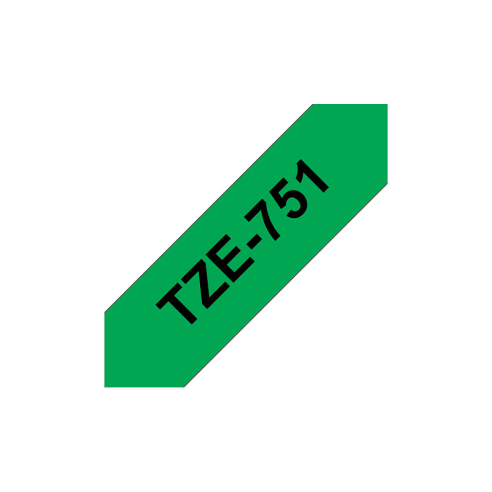 Ein grünes Etikett mit dem Text TZE-751 in Schwarz. Das Etikett ist auf einer weißen Oberfläche abgewinkelt.