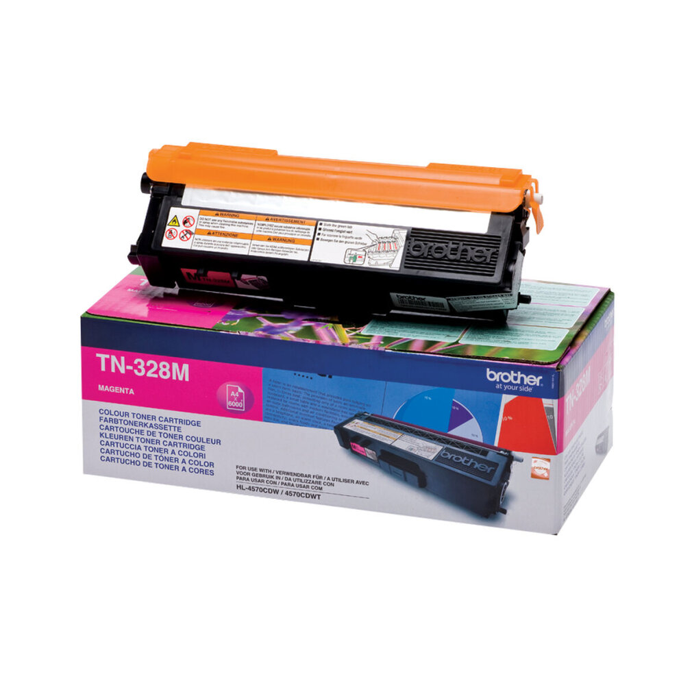 Eine Brother TN-328M magenta Tonerkartusche mit ihrer Box. Box und Kartusche sind magenta und orange.