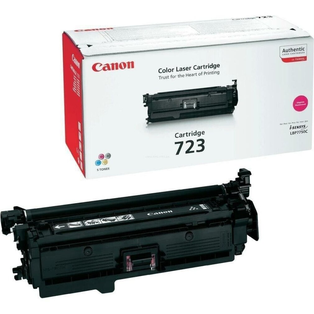 Bir Canon 723 renkli lazer kartuşu kutusu ve kartuşu. Siyah metinli beyaz kutu ve siyah bir kartuş.