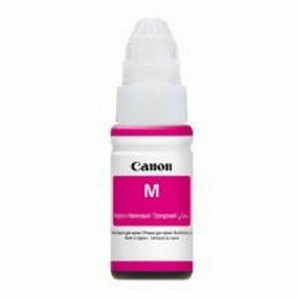 Een Canon inktfles. Hij is wit met een roze M label en roze inkt zichtbaar in de fles.
