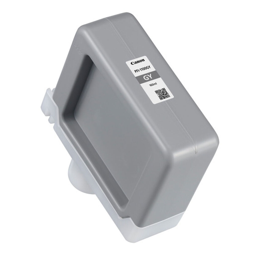 Een Canon PFI-1100GY inktcartridge. Grijze cartridge met een wit label en grijze tekst.