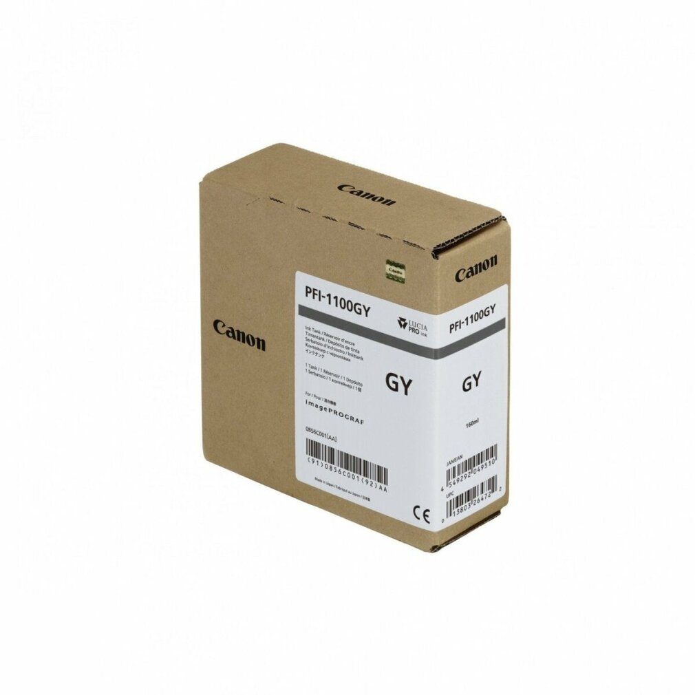 Een Canon PFI-1100GY inktcartridge doos. De doos is bruin met 'GY' en Canon branding.