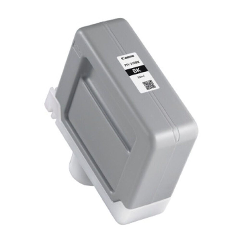 Een Canon PFI-1100BK inktcartridge. Grijze cartridge met een wit label en zwarte tekst.