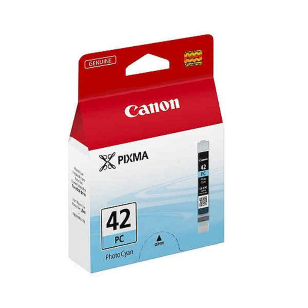 Caja de cartucho de tinta Canon Pixma 42 PC. Es roja y blanca. El cartucho es visible.