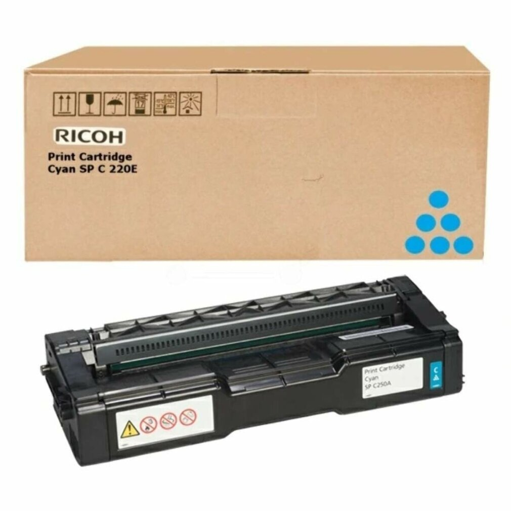 Wkład drukujący Ricoh Cyan SP C 220E. Brązowe pudełko i czarno-niebieski wkład.