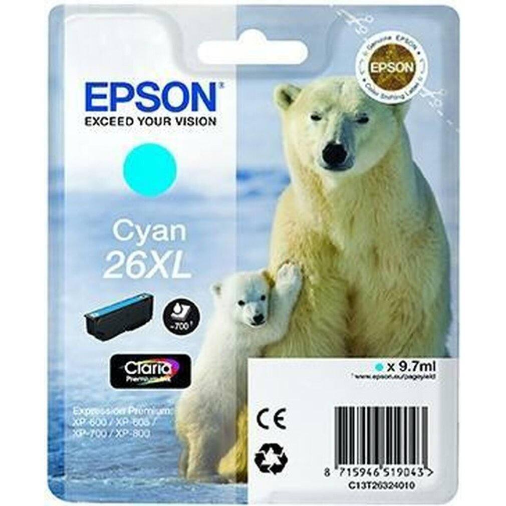 Oso polar y cachorro en un paquete de cartucho de tinta cian. Se ven el logotipo y detalles de Epson.