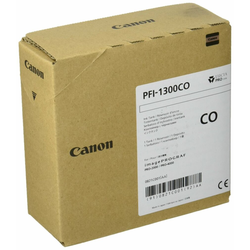 Canon PFI-1300CO inkttankdoos. Een bruine doos met wit label en Canon logo.