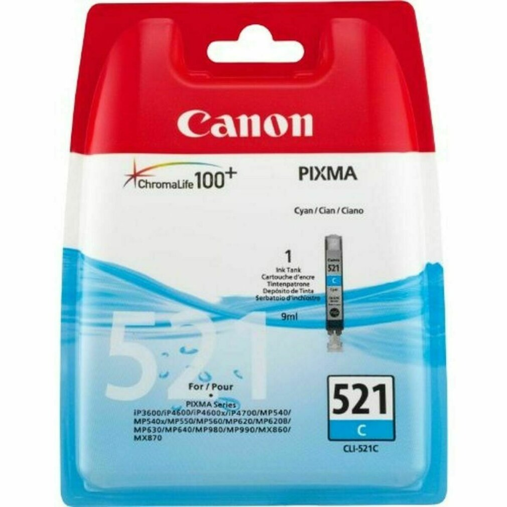 Canon 521 C inktcartridge verpakking. Een cyaan inktcartridge met blauw-witte verpakking.