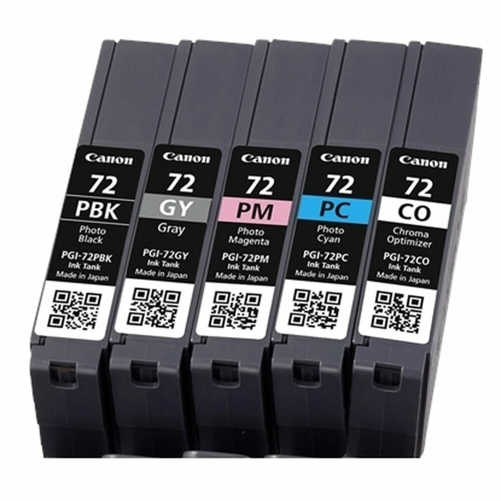 Vijf Canon inktcartridges met verschillende kleurenlabels: PBK, GY, PM, PC en CO.