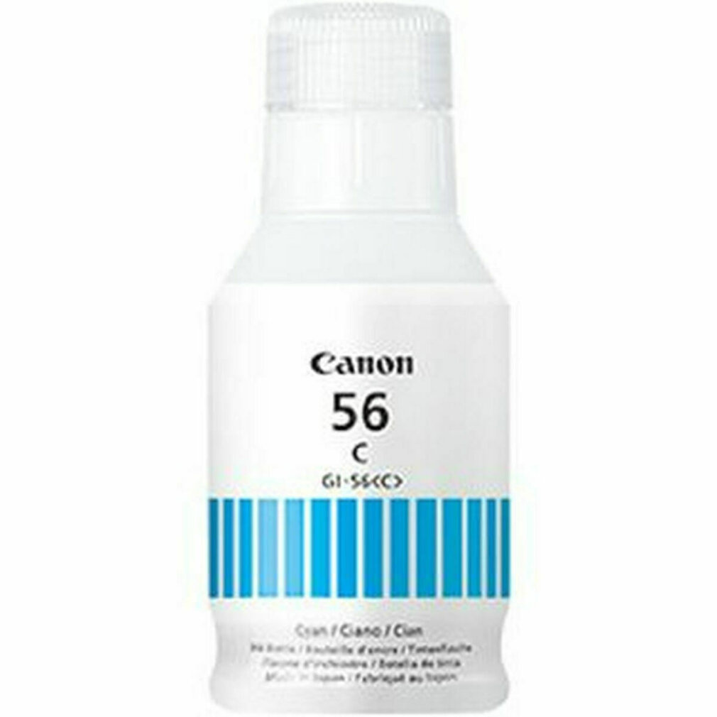 Butelka z tuszem Canon. Jest biała z niebieskimi paskami i napisem Canon 56 C.