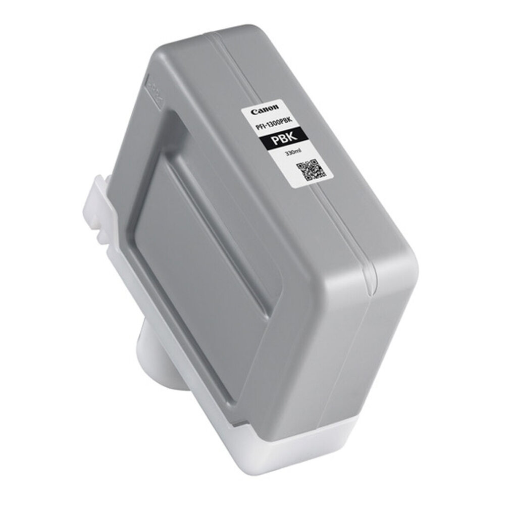Een grijze Canon printerinktcartridge met handvat en label, PBK en 330ml.