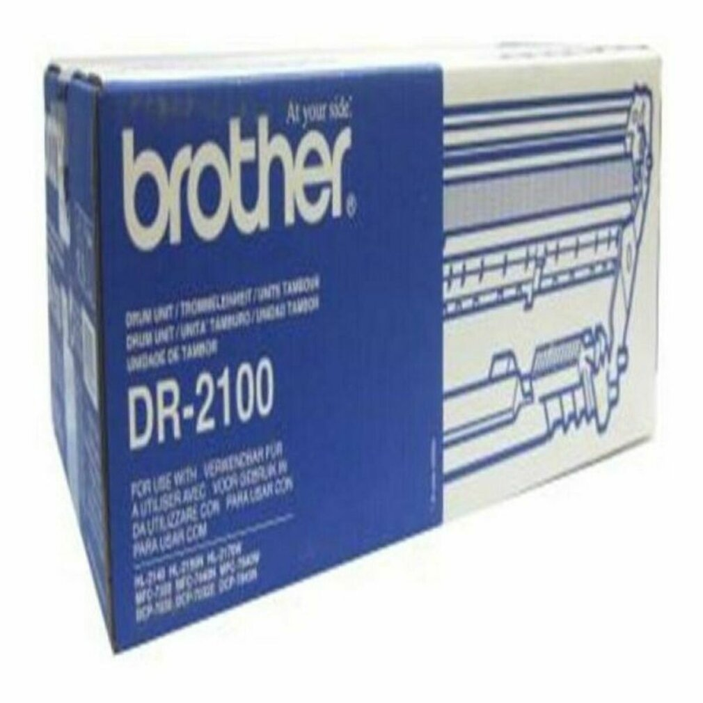 Eine Brother DR-2100 Trommeleinheit Box. Die Box ist blau und weiß mit Text.