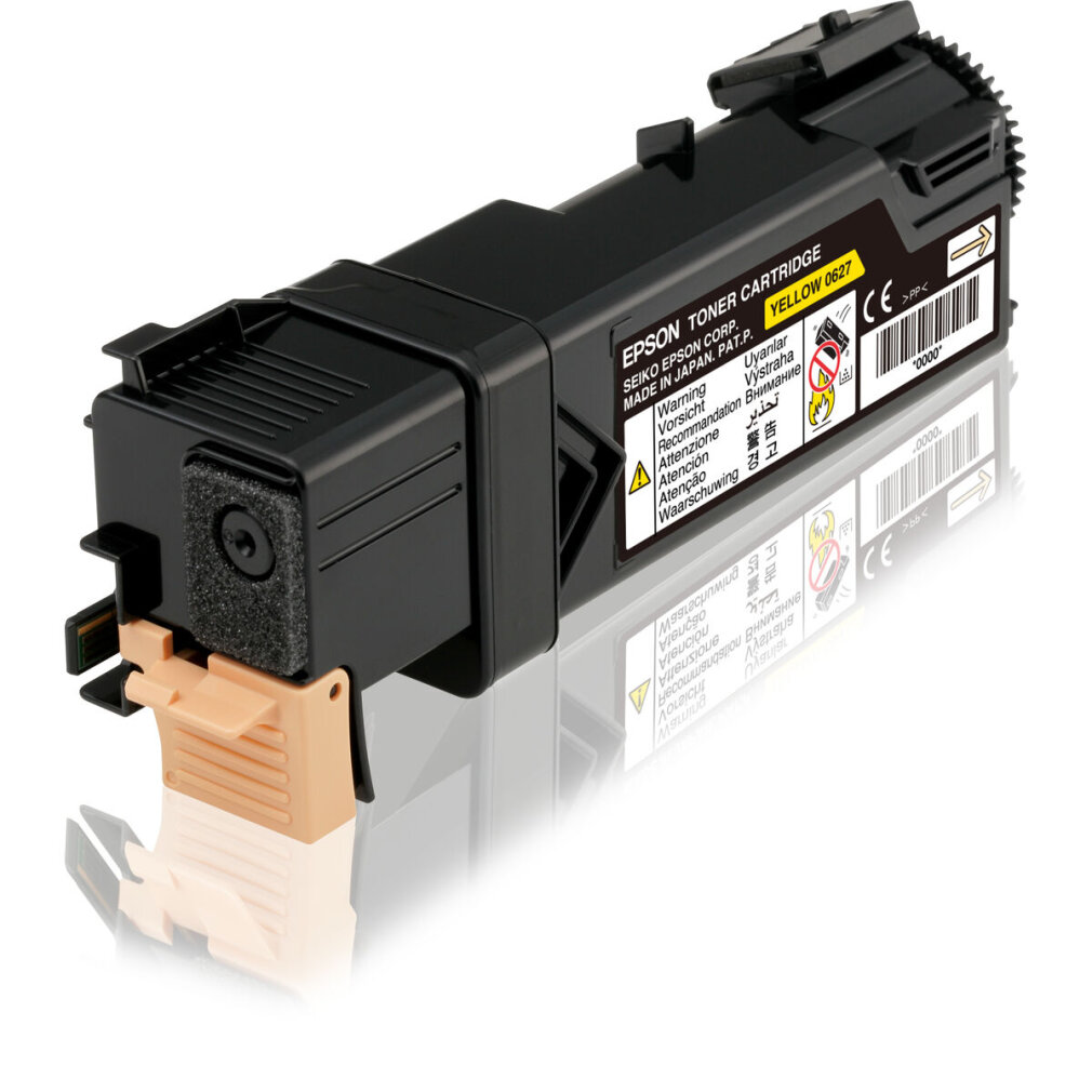 Cartuccia toner Epson nera con accenti beige. Superficie riflettente.