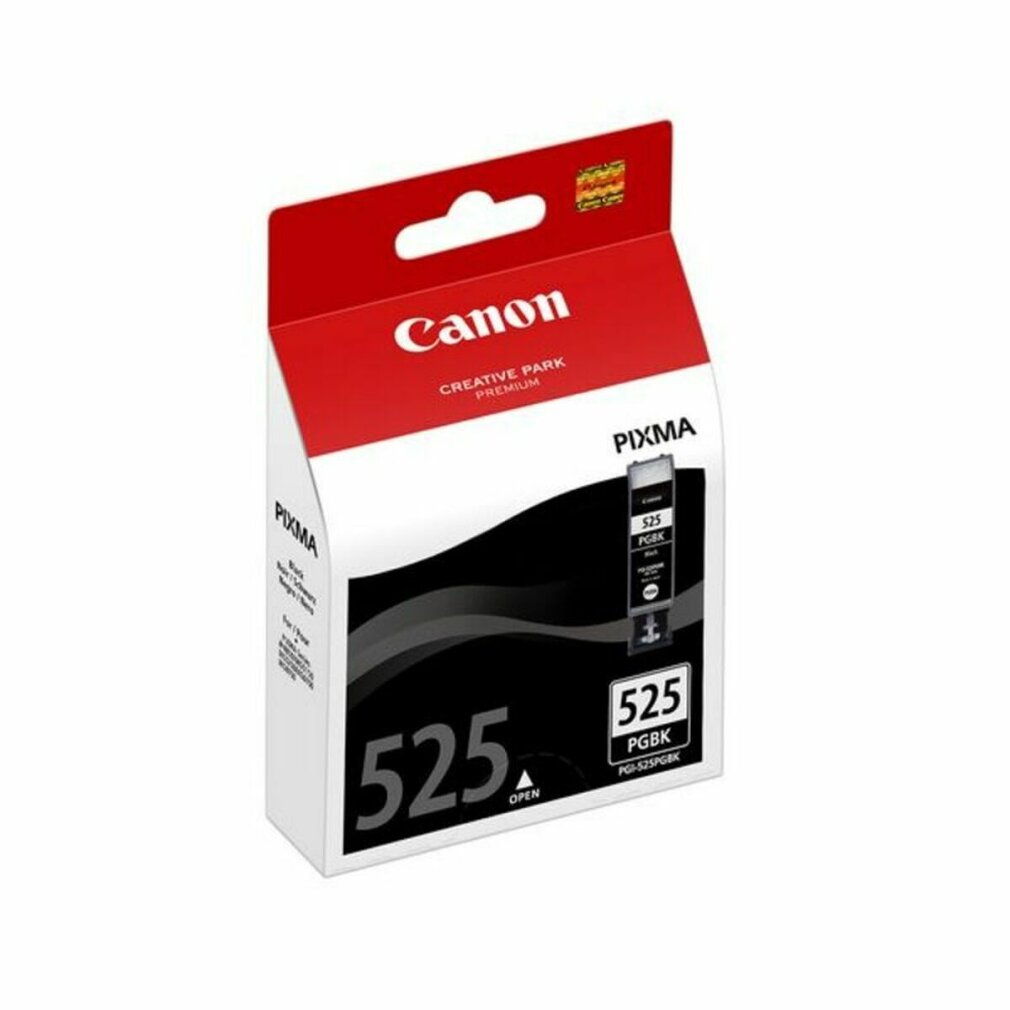 Tinta Canon 525 PGBK en una caja blanca y roja, se ve una botella negra.