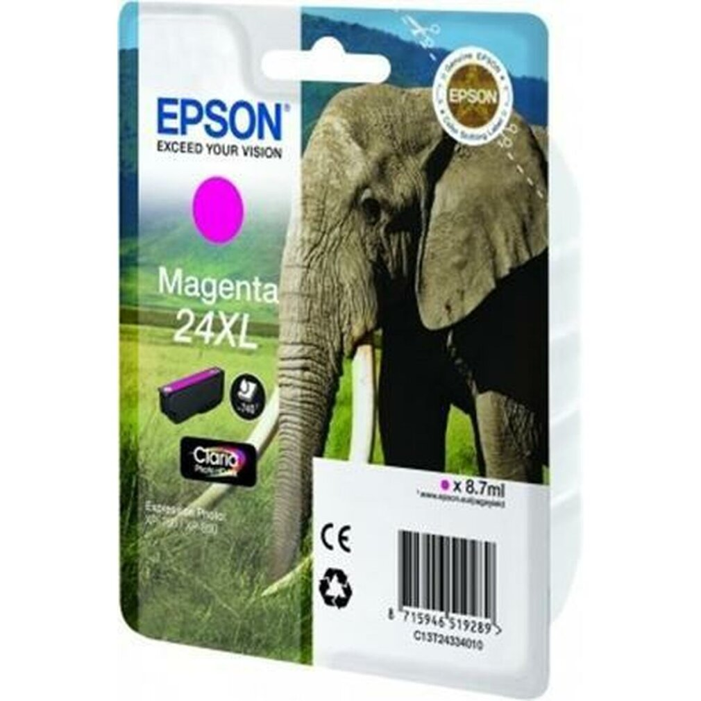 Paquete de cartucho de tinta magenta Epson con un gráfico de elefante.