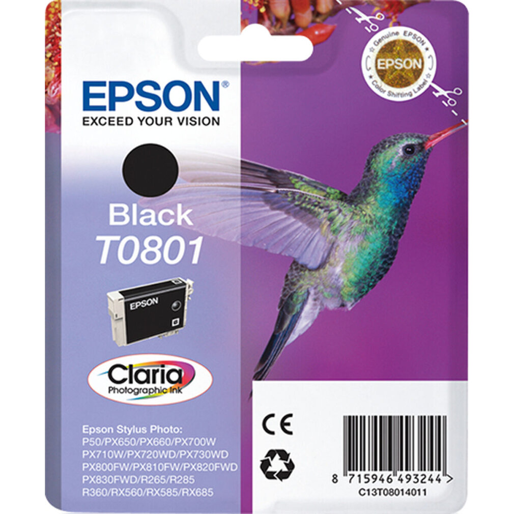 Emballage de cartouche d'encre Epson avec une image de colibri. Il affiche le logo Epson et les détails de l'encre noire.