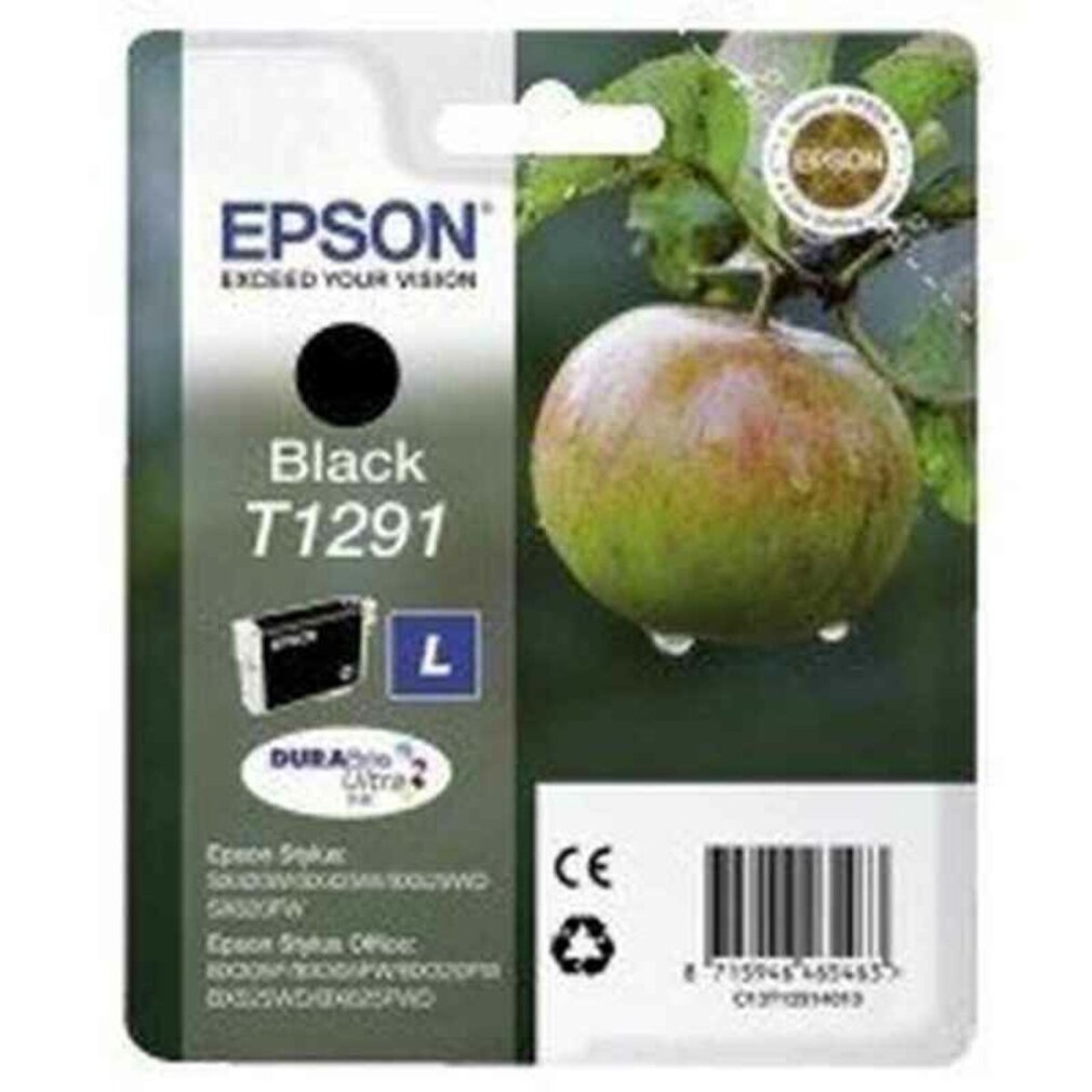 Emballage de cartouche d'encre noire avec une image de pomme. L'emballage présente le logo Epson, un point noir et le texte 'Black T1291'.