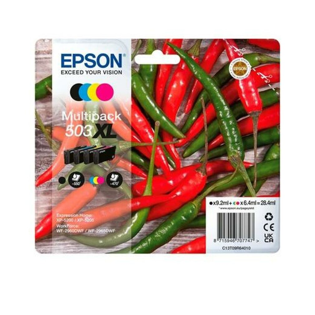Opakowanie z wkładami atramentowymi multipack z czerwonymi i zielonymi papryczkami chili. Opakowanie zawiera logo Epson i różne kolory atramentu.