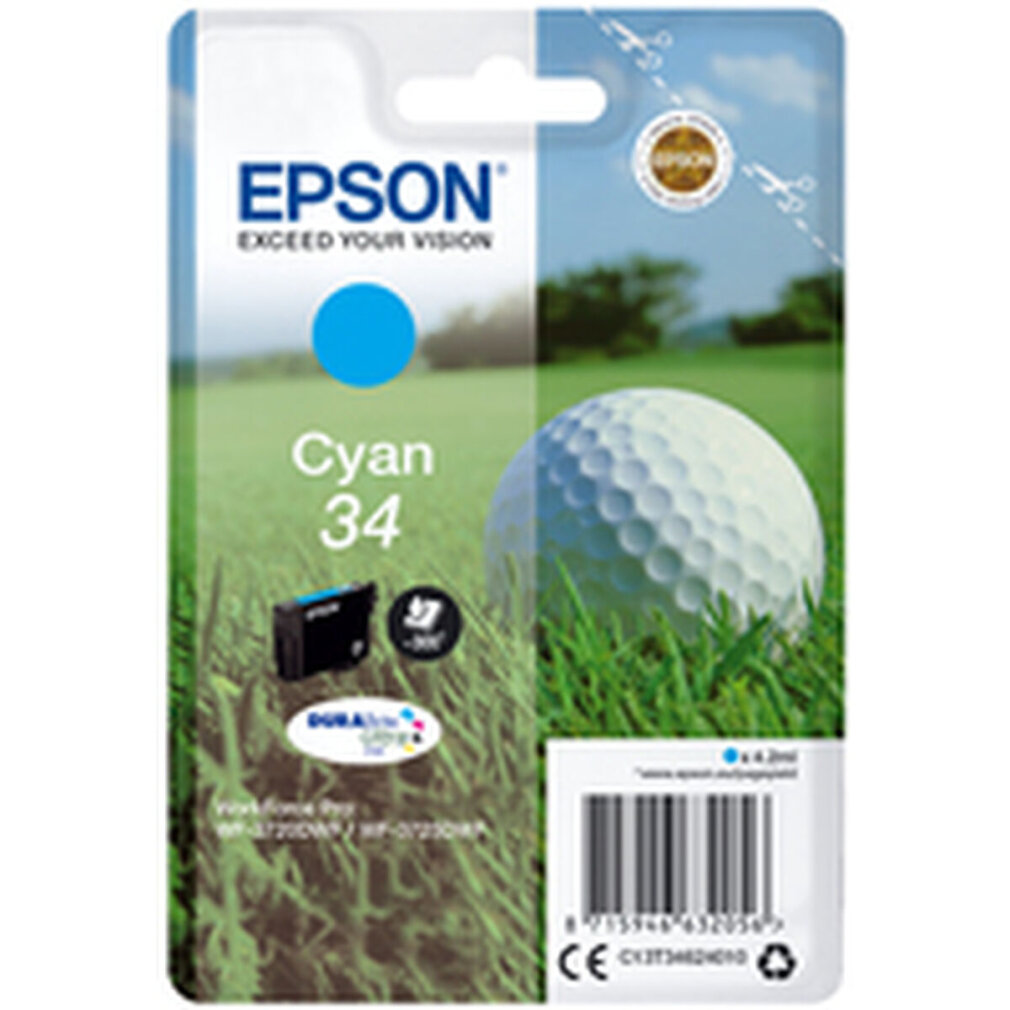 Un paquete de cartuchos de tinta cian Epson, con una pelota de golf sobre hierba verde y un cartucho de tinta azul.