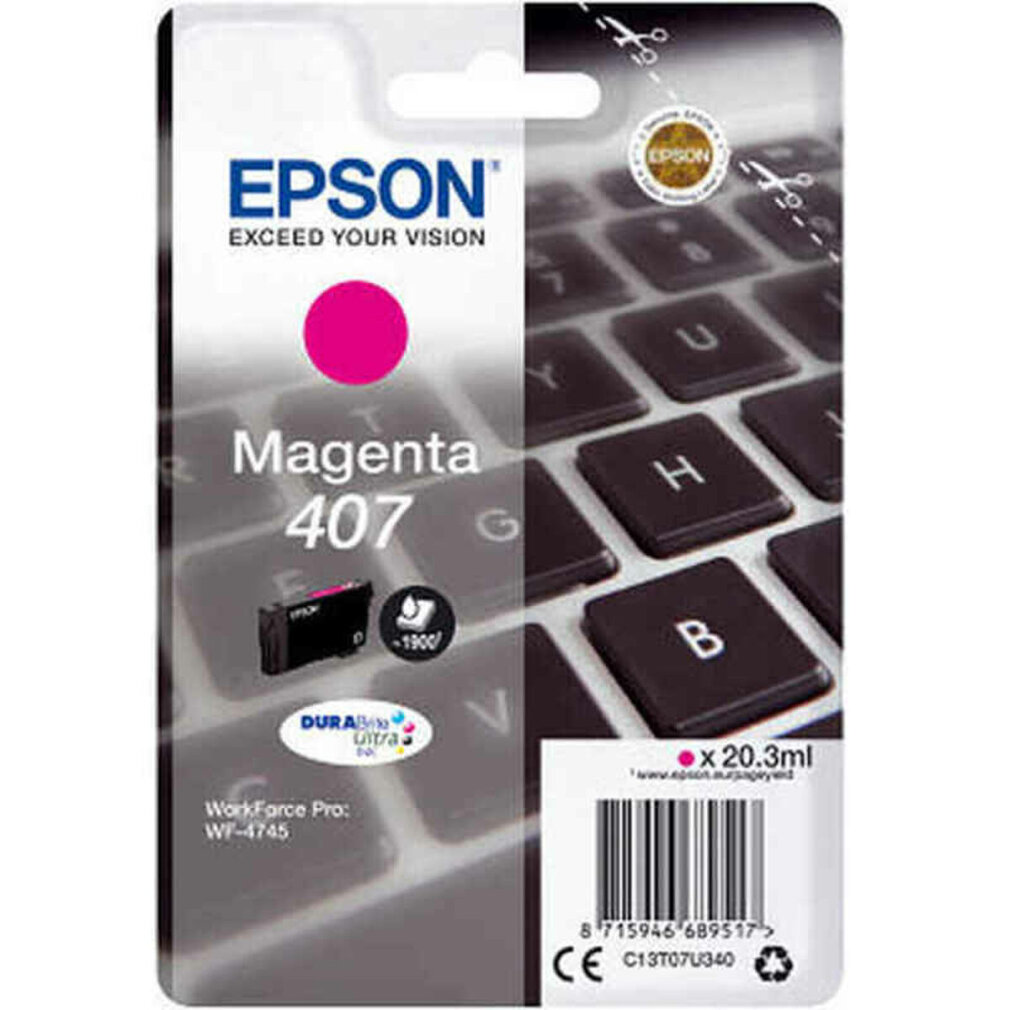 Wkład atramentowy Epson Magenta. Opakowanie pokazuje logo Epson i szczegóły tuszu magenta na klawiaturze.