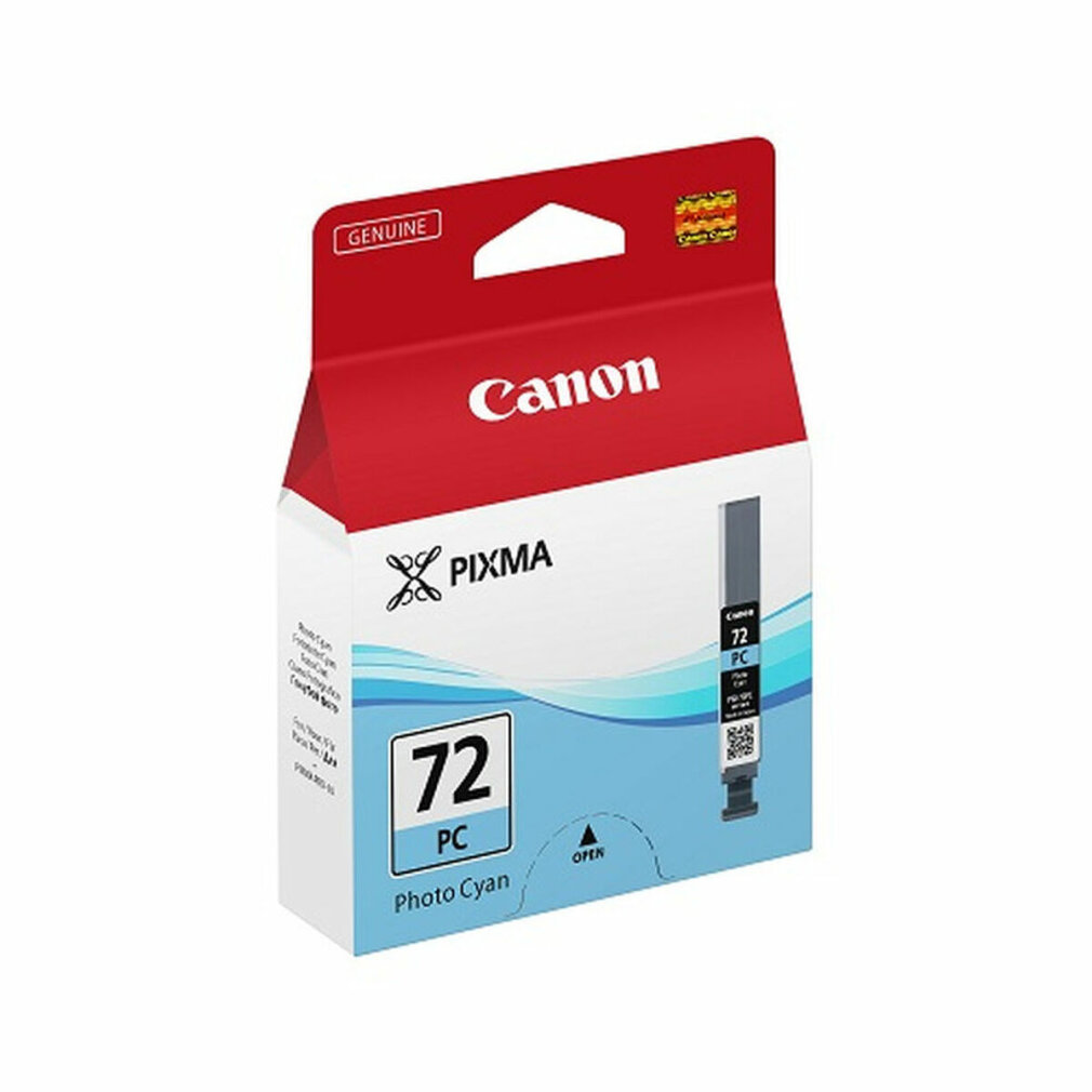 Canon Pixma inktcartridge doos, gelabeld met 'Photo Cyan'. De doos is rood en wit.