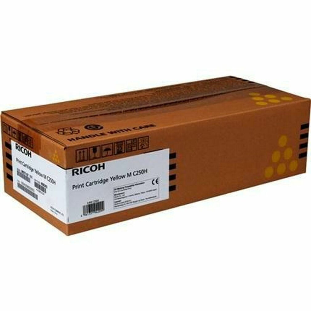 Una scatola di cartucce di stampa Ricoh. La scatola è marrone con un'etichetta bianca e il marchio Ricoh.