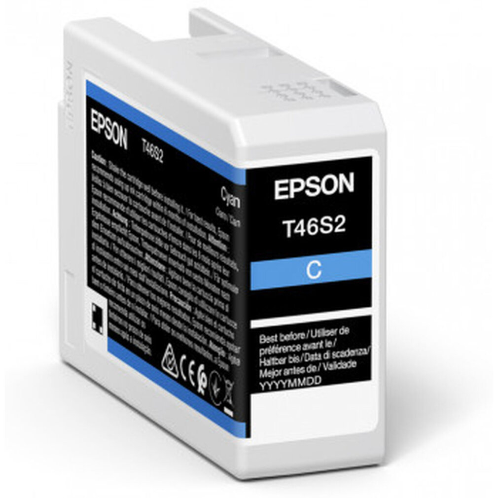 Epson T46S2 Cyan wkład atramentowy. Biało-czarne pudełko z niebieskimi i cyjanowymi etykietami i tekstem.
