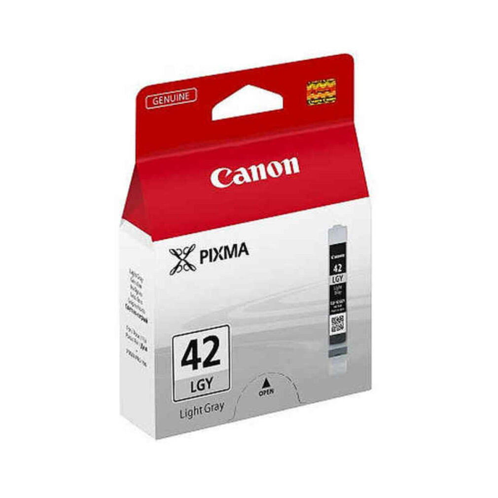 Caja de cartucho de tinta gris claro Canon Pixma 42 LGY, rojo y blanco. Presenta el logotipo de Canon.