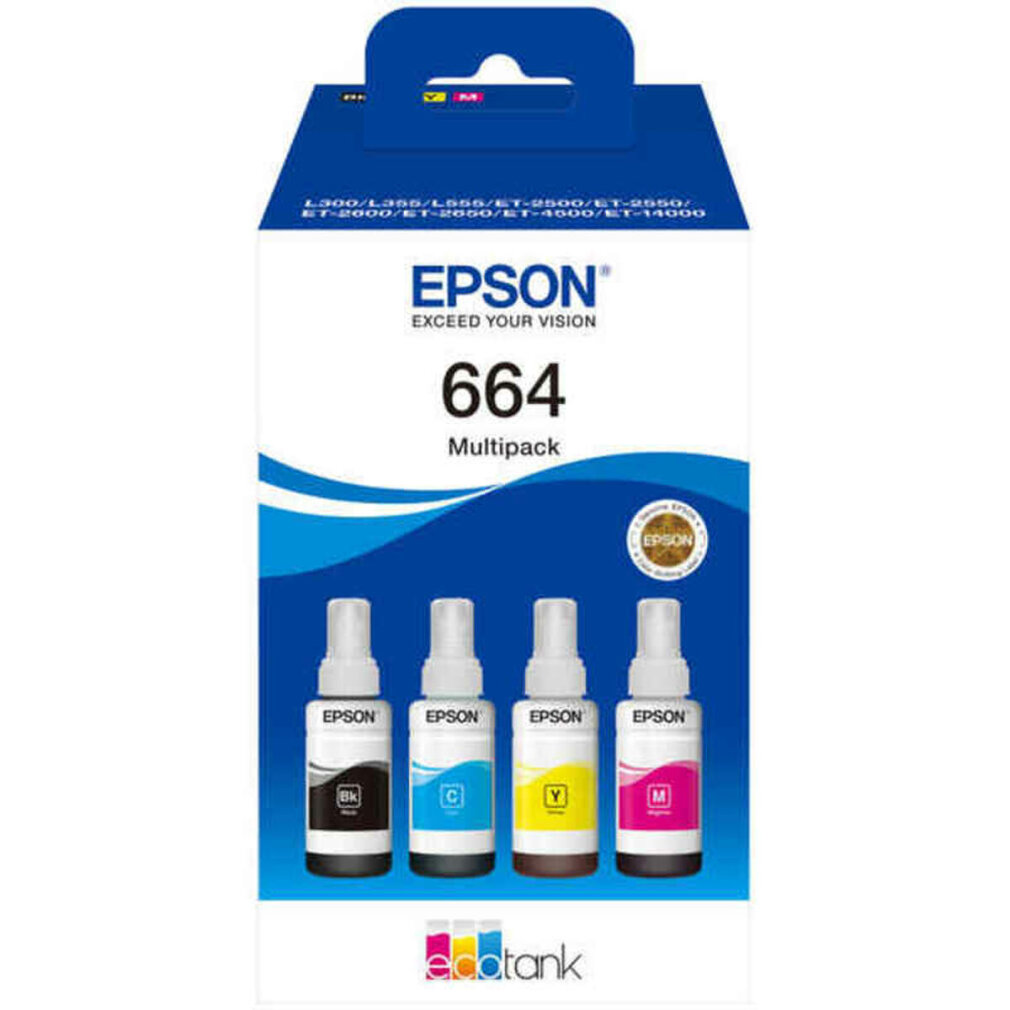 Multipack Epson 664 con cuatro botellas de tinta, negro, cian, amarillo y magenta, en una caja blanca.