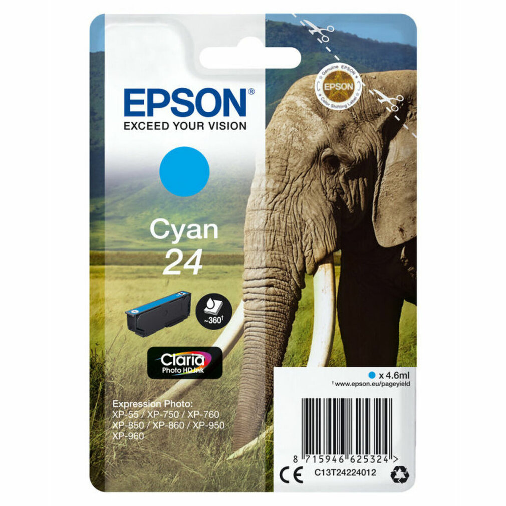 Epson Cyan 24 inktcartridge met een olifantafbeelding op de achtergrond. Blauwe inktcartridge.