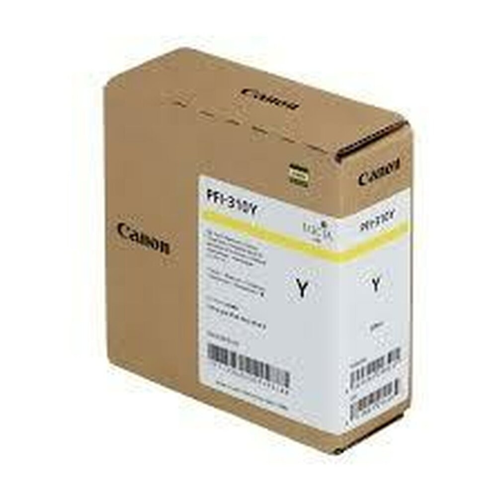 Eine Canon Druckerpatronenbox. Die Box ist braun mit einem weißen Etikett und gelbem Text.
