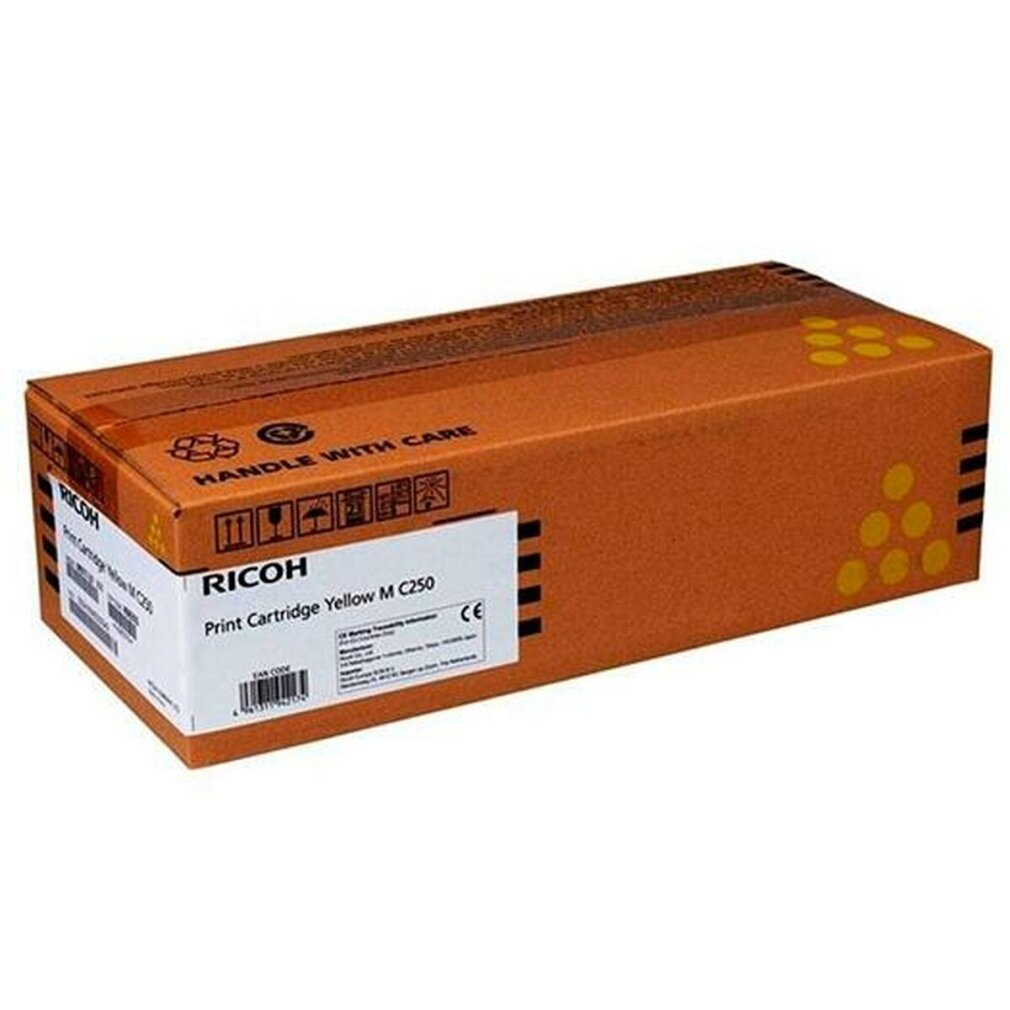 Pudełko Ricoh Print Cartridge Yellow M C250, pomarańczowe, ze szczegółami produktu i kodem kreskowym.