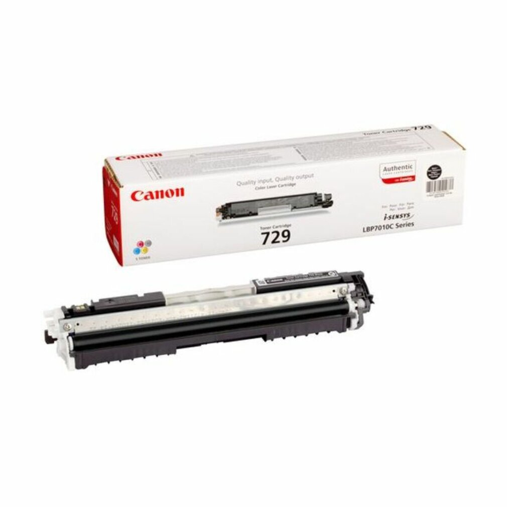 Cartuccia toner Canon e scatola. La cartuccia è nera e argento. La scatola è bianca e grigia.