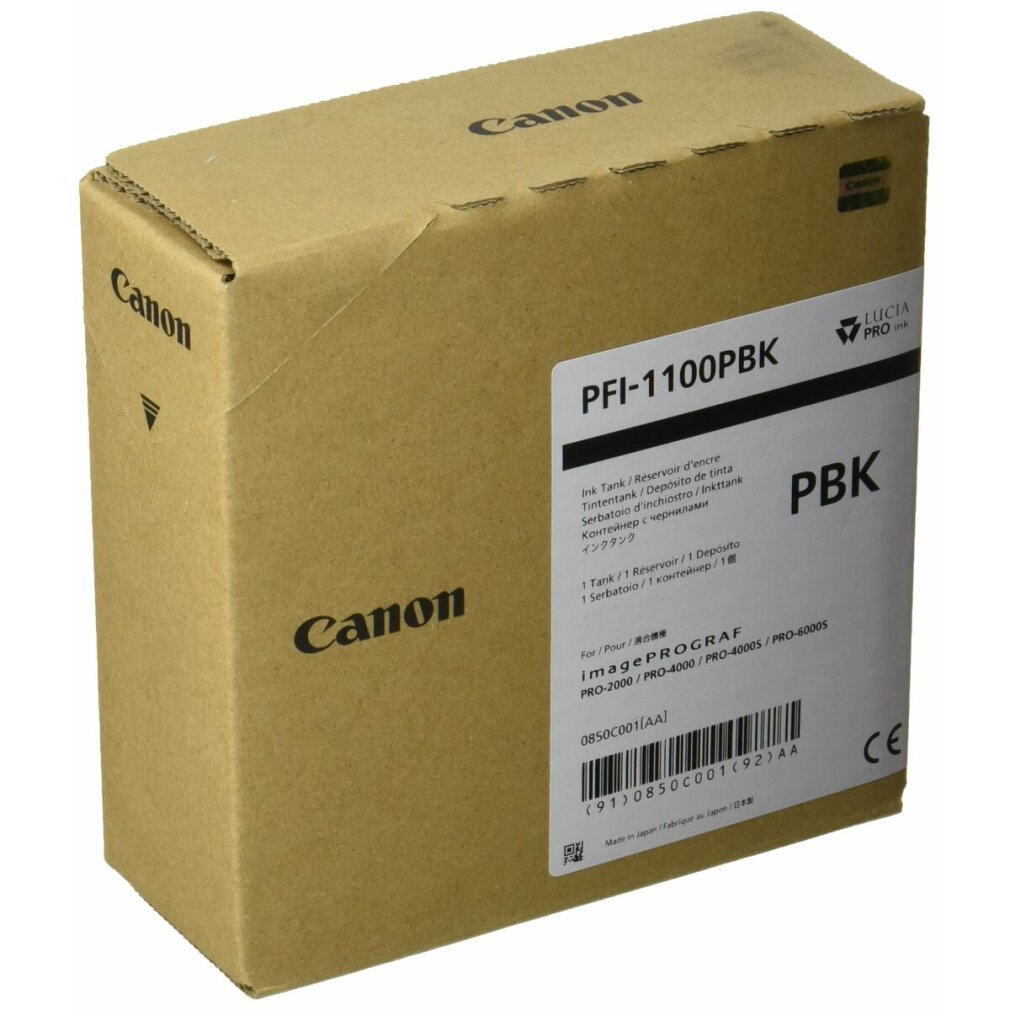 Brązowe pudełko Canon z napisem 'PFI-1100PBK'. Pudełko ma biały tekst.
