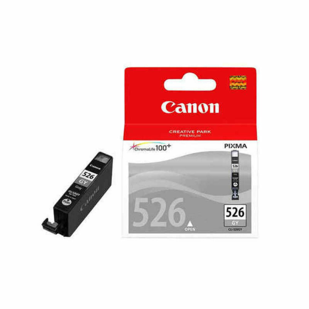 Canon inktcartridge en doos. De cartridge is zwart en grijs en heeft een rood accent.