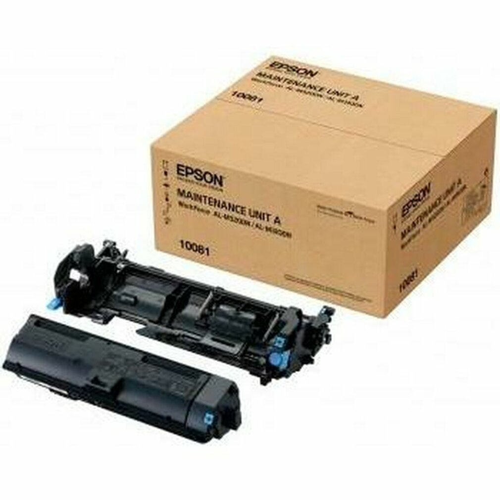 Epson onderhoudseenheid, zwarte inktcartridges en doos.