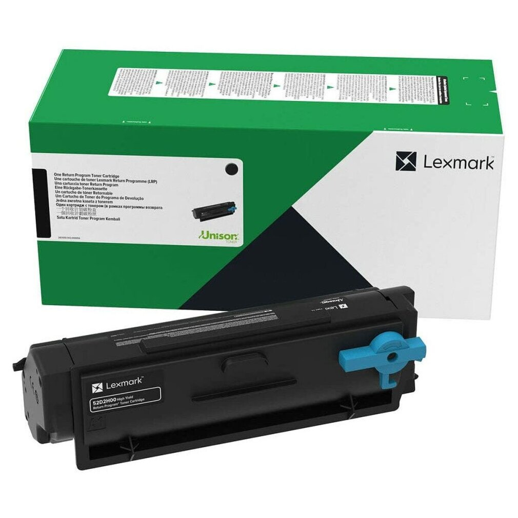 Cartouche de toner noir Lexmark 52D3H00 haut rendement dans une boîte verte.