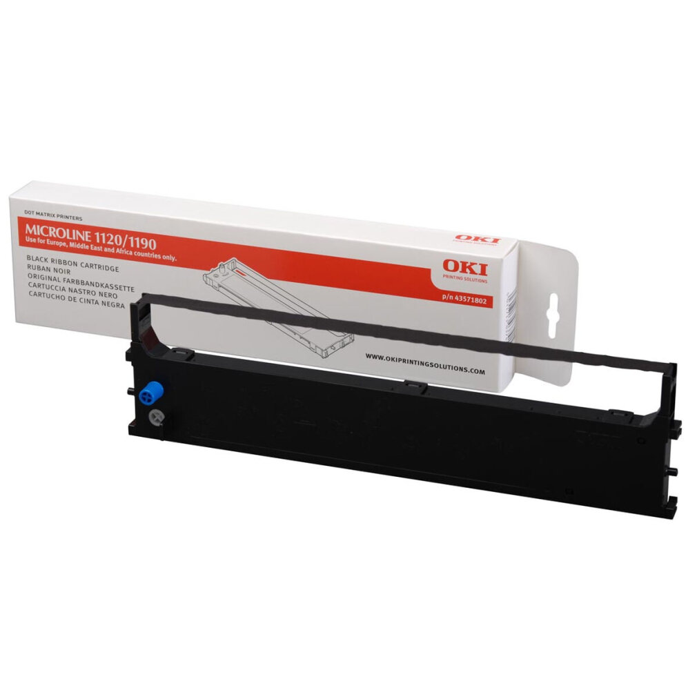 OKI Microlife 1120/1190 siyah şerit kartuş, siyah şerit ve kırmızı detaylı beyaz kutu.