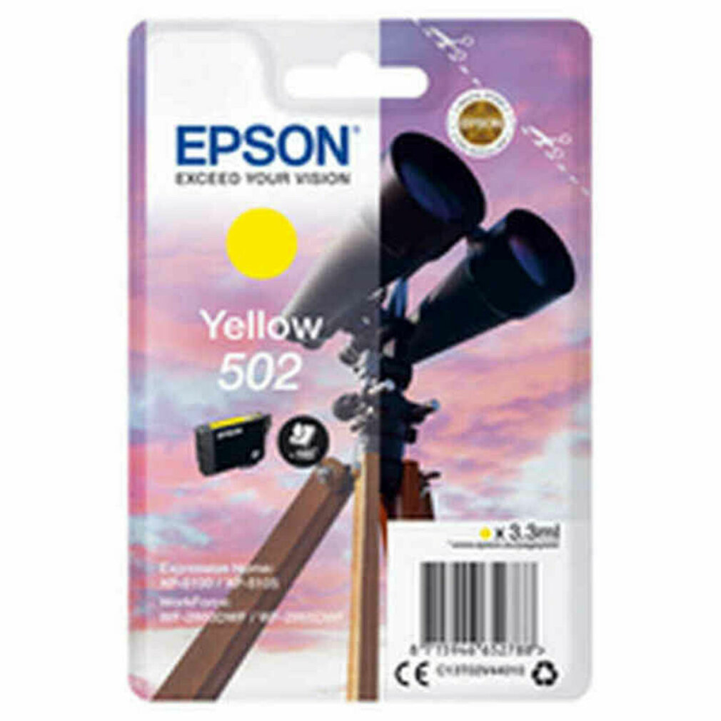 Epson inktcartridge verpakking met een gele cirkel en tekst. Een zwarte cartridge is zichtbaar.