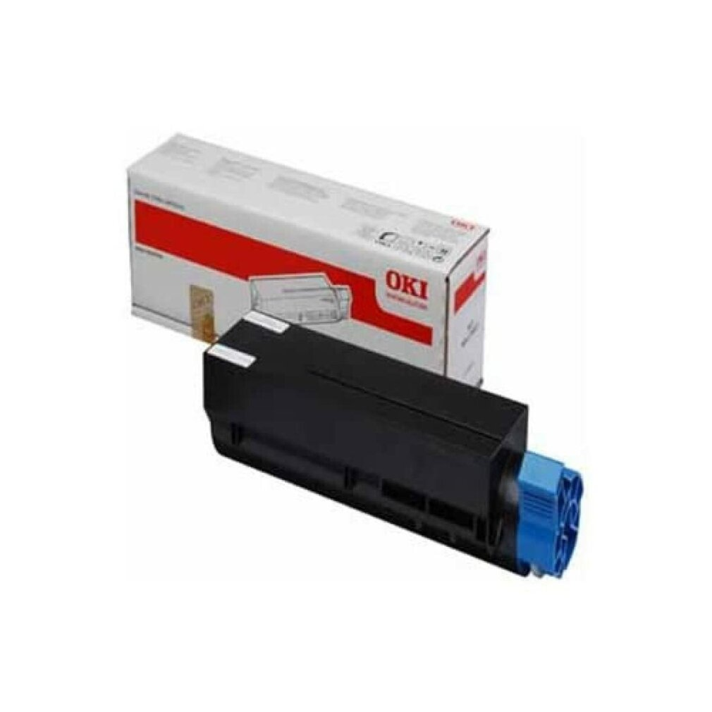 Een OKI-tonercartridge en de doos. De cartridge is zwart met een blauwe handgreep, witte achtergrond.