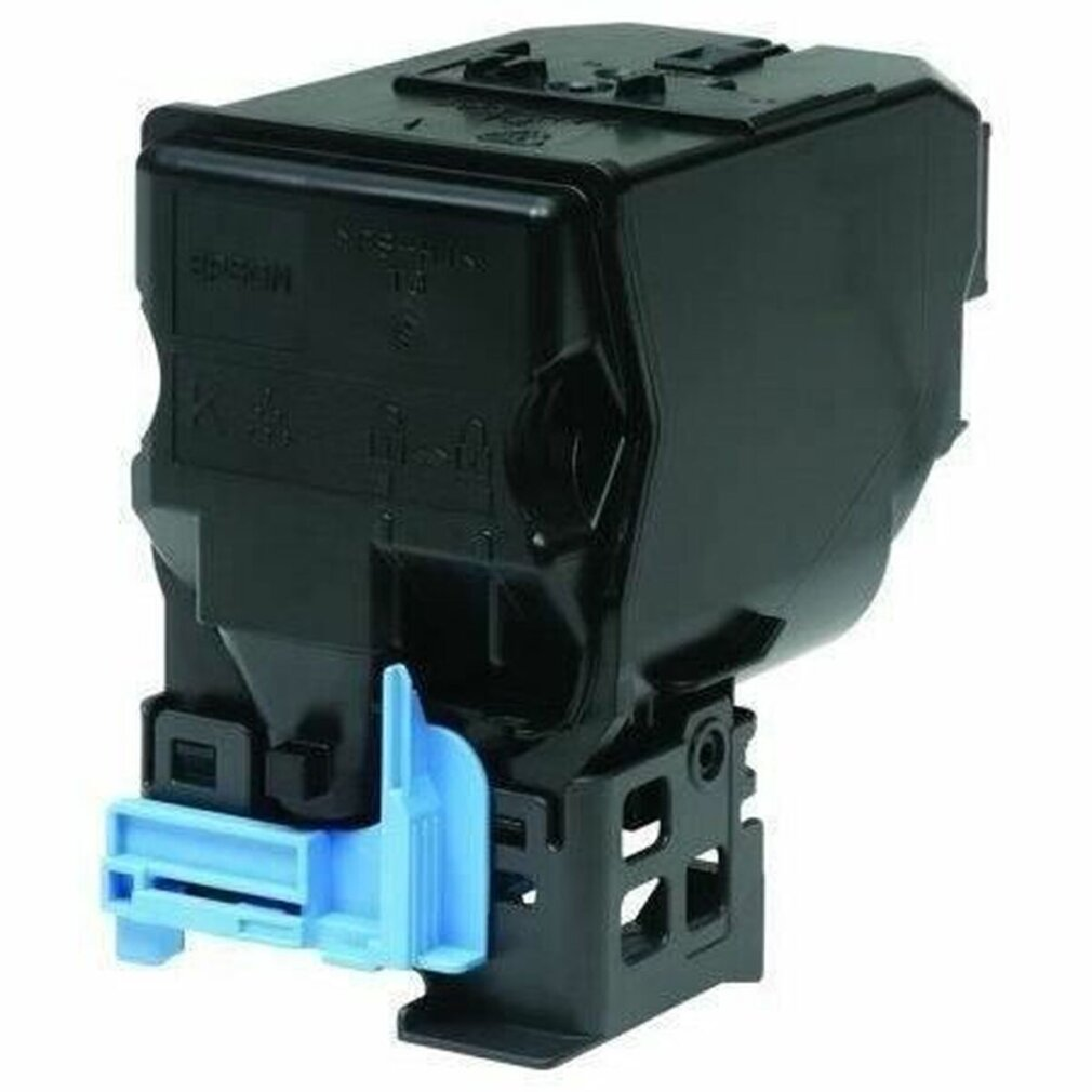 Una cartuccia toner Epson nera con manico blu su sfondo bianco.